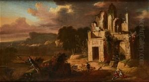 Paesaggio Della Campagna Romana, Con Rudere Antico, Pastore Con Gregge Ee Figure Musicanti