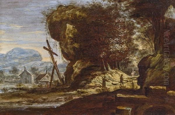 River Landscape With Rocks And Village - view 1