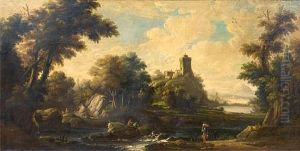 Travellers And Fishermen In An Italianate Landscape by Alessio De Marchis
