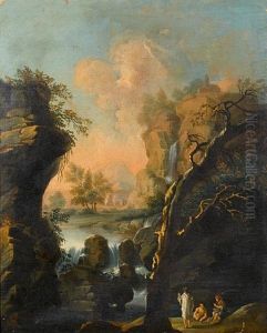 A Rocky River Landscape With Figures Resting Beside A Waterfall by Alessio De Marchis