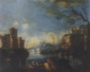 Paesaggio Fluviale Con Astanti Vari, Borgo Diroccato E Rovine In Lontananza