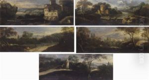 An Extensive Wooded River Landscape With A Villa In The Foreground