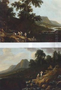 A River Landscape With Anglers And A Dog