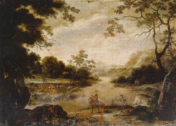 Paisaje Boscoso Con Rio Y Sendero Con Cazadores Y Pescadores - view 1