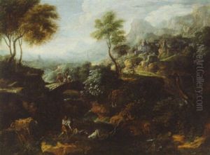 An Extensive Rocky Italianate Landscape With Figures On A Track, Travellers On A Bridge Beyond by Alessio De Marchis