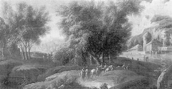 A Wooded Italianate Landscape With Travellers In The Foreground, A Town And Mountains Beyond - view 1