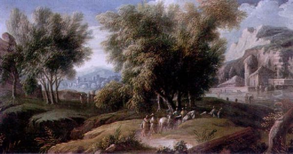 A Wooded Italianate Landscape With Travellers In The Foreground A Town And Mountains Beyond - view 1