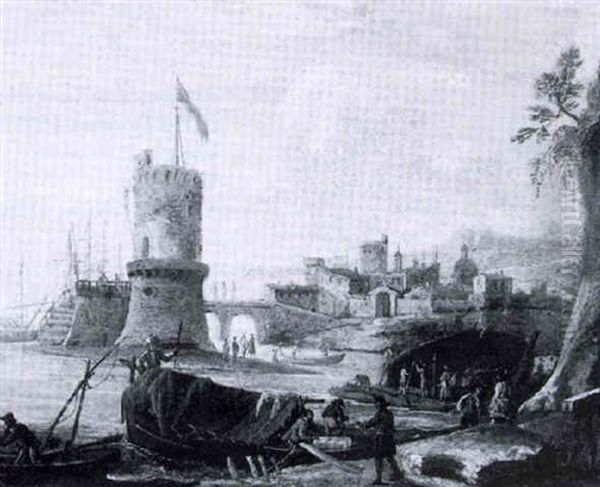 A Mediterranean Harbour With Stevedores On A Boat - view 1