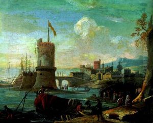 An Italianate Harbour With Fisherfolk On The Shore, A Tower And A Town Beyond