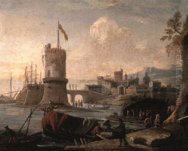 An Italianate Harbour With Figures And Boats, A Tower And Town Beyond - view 1
