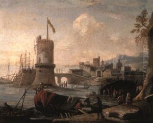 An Italianate Harbour With Figures And Boats, A Tower And Town Beyond by Alessio De Marchis