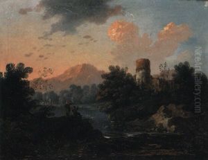 Paesaggio Montano Con Fiume, Pescatori E Torre Cilindrica