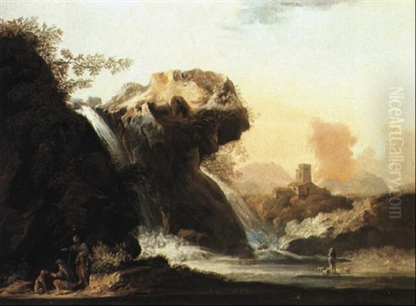 Grande Paesaggio Con Cascate Tra Le Rocce, Figure E Cane - view 1