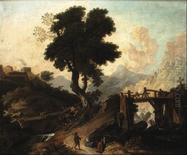Paesaggio Con Albero Al Centro, Ponte E Figure - view 1
