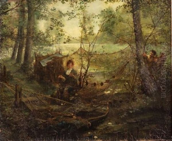 A Young Woman Mending Fishing Nets - view 1