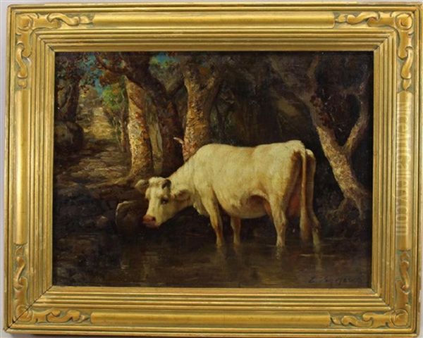 Painting Of A Cow In A River Landscape - view 1
