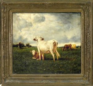 Bauer Mit Kuhen Auf Der Weide by Emile Van Marcke De Lumman