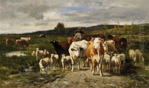 Abendlicher Heimtrieb Der Herde by Emile Van Marcke De Lumman