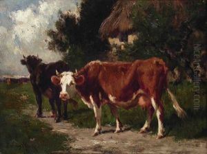 Deux Vaches Devant Une Ferme by Emile Van Marcke De Lumman
