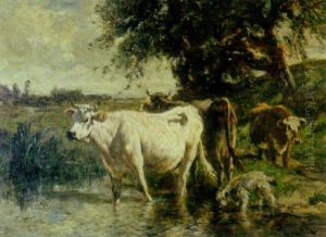 Cows And A Dog Drinking From A Pond by Emile Van Marcke De Lumman