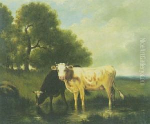 Zwei Kuhe Trinken Am Wasser by Emile Van Marcke De Lumman