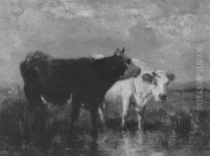 Cows Watering In A Pond by Emile Van Marcke De Lumman