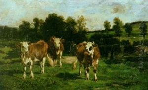Cows In A Pasture With A Herder Beyond by Emile Van Marcke De Lumman
