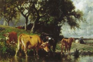 Cows Resting In A Stream by Emile Van Marcke De Lumman