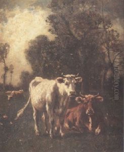 Cattle In A Pasture With Two Cows Resting In The Foreground by Emile Van Marcke De Lumman