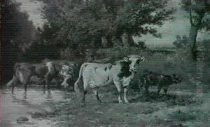 Kuhe An Der Tranke An Einem Kleinen Teich by Emile Van Marcke De Lumman