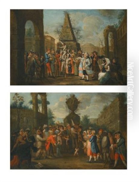 A Street Scene With Commedia Dell'arte Performers And Musicians Gathered Around Two Puppets, An Obelisk Beyond; A Street Scene With Commedia Dell'arte Performers Gathered Around A Monkey, An Urn Beyond (pair) - view 1