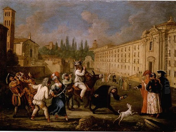 Carnival Scene With Commedia Dell'arte Figures Performing And Making Music In A Street - view 1