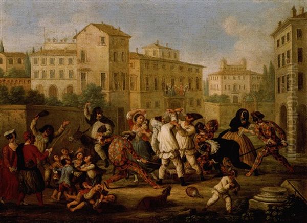 Carnival Scene With Children Dancing And Figures In Commedia Dell'arte Costumes Eating Pasta In A Street - view 1