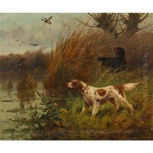 Herbstliches Ufer Mit Enten Und Jagdhunden by Victor Marcou