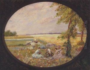 Pa Picnic. En Mand Traekker Vinen Op, Medens To Damer Musicerer by Leonid Ivanovitch Marderosov