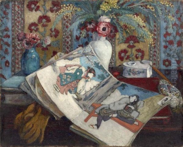 Composition Aux Estampes Japonaises Et Vases Fleuris - view 1