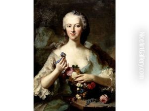 Portrait Of A Lady, Said To Be Countess Vitzthum, Half-length, In A Blue Dress, Holding Flowers