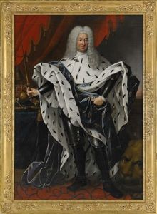 Portratt Av Fredrik I (1676-1751), Konung Av Sverige, Lantgreve Av Hessen-kassel Ikladd Kyrass Och Hermelinbramad Morkbla Mantel I Interior Med Riksregalierna - Staende Helfigur