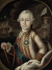 Portrait Of A Russian Navy Admiral With A Baton In His Right Hand, A Ship And A Castle Beyond