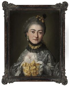Portrait Of A Lady, Bust-length, In A Grey Dress With Yellow Trim, And Pearl Earrings by George de Marees