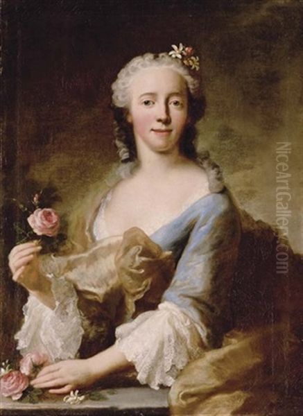Portrait Of A Lady In A Blue Dress With White Lace Sleeves And Trimming, Holding A Pink Rose In Each Hand - view 1