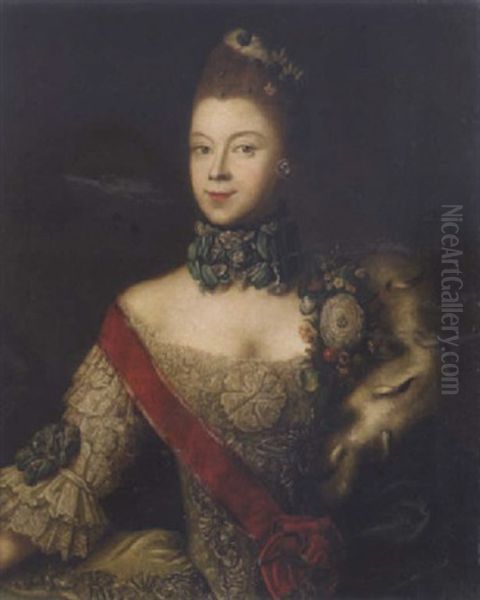 Portrait Of Queen Charlotte In Court Dress, With A Red Sash And An Ermine Lined Cloak - view 1