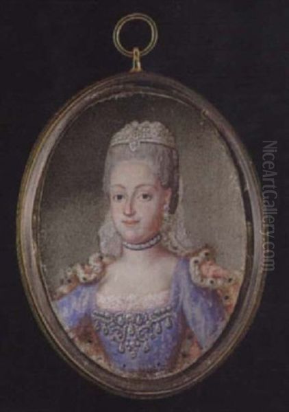 A Noble Lady Wearing White Lace Veil In Her Powdered Hair, Pale Blue Dress With Pearl Encrusted Bodice And White Lace Underslip... - view 1