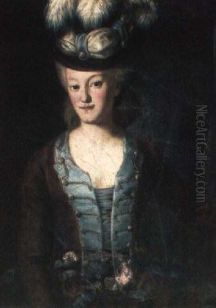 Portrait Of A Young Lady, Half Length, Wearing A Blue And Burgundy Dress - view 1