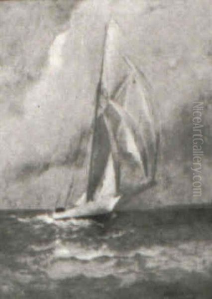 Sail Boat With Land Fall In Background - view 1
