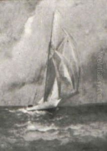 Sail Boat With Land Fall In Background by Gilbert Tucker Margeson