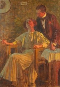 A Couple In An Interior By Firelight by Tihamer Von Margitay