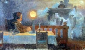 The Dreamer, Lady Seated At A Table Looking Across A Balcony At An Ethereal Vision Of A Married Couple Riding Off Into The Evening Mist by Tihamer Von Margitay