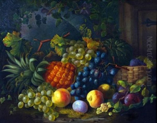 Still Life Study Of Mixed Fruit In Basket On A Ledge - view 1