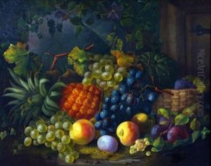 Still Life Study Of Mixed Fruit In Basket On A Ledge by Marie Margitson